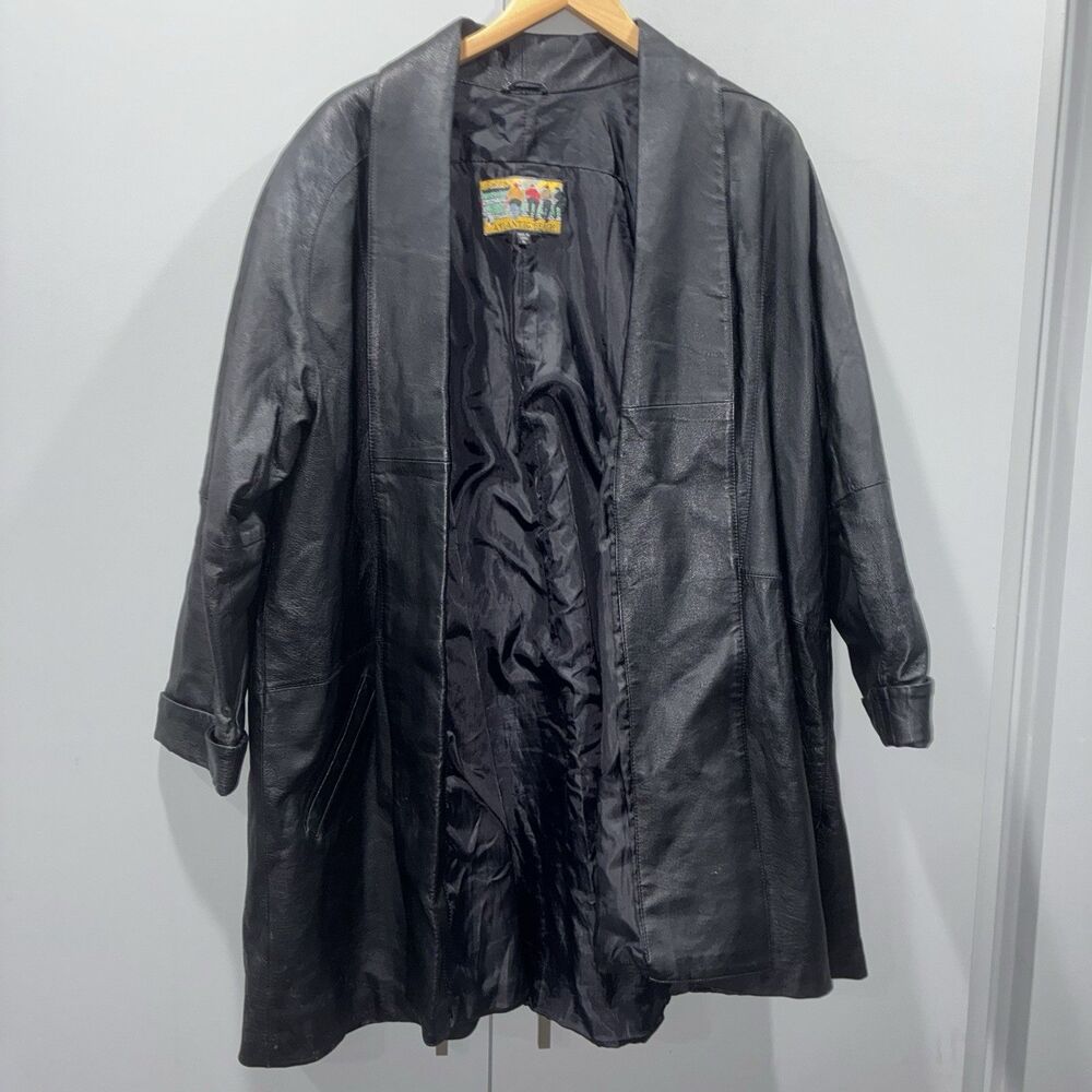 Vintage Atlantic Beach Black Leather Longline Coat Minimalist Open Front XL- XXL